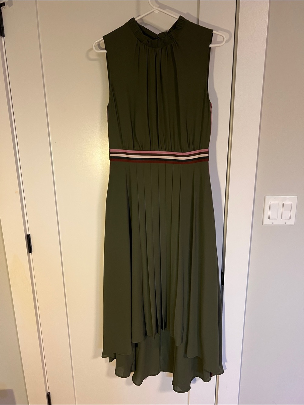 Ted Baker Olive Green Sleeveless High-Low Pleated Dress w Striped Waist/Sides